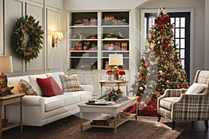 Christmas living room interior with white sofa and Christmas tree. 3d render