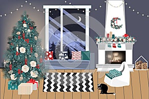 Christmas living room with a christmas tree and presents under it - modern scandinavian style, vector illustration