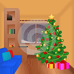 Christmas living room with xmas tree, presents, couch and decoration. Christmas card in cartoon style. Vector