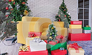 Christmas living room, Yellow sofa with Christmas trees, gift boxes, and Christmas decorations