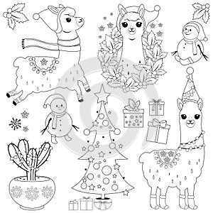 Christmas llama set. Vector black and white coloring page.