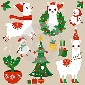 Christmas llama set. Vector illustration collection