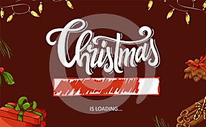 Christmas loading bar with sketh elements. Hand drawn lettering progress border. Vector sign concept