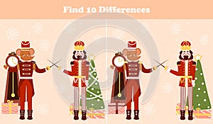 Christmas logical game, find ten differences riddle for children books with nutcracker character and mouse king