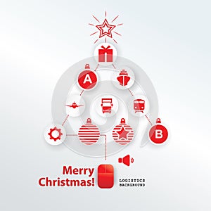 Christmas logistics card. Schematic christmas tree with PC mouse on white background. Flat icons