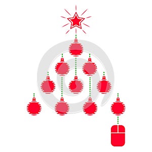 Christmas logistics card. Schematic christmas tree with PC mouse on white background. Flat icons. Dashed Path from point