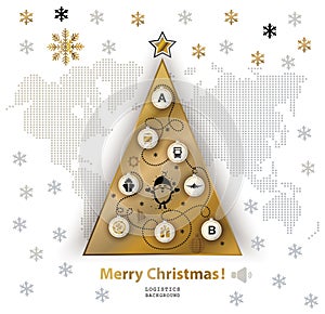 Christmas logistics card. Schematic christmas tree on schematic world map. Flat gold black icons on white background