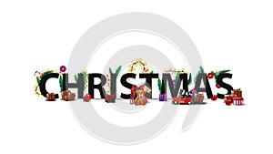 Christmas logo, sign, symbol. 3D title decorated with presents, Christmas tree branches, candy and garland isolated on white