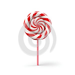 Christmas lollipop isolated on white background. New year candy icon with spiral red and white stripes and swirls. Round