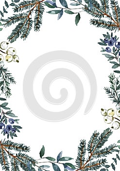 Christmas long border with watercolor hand painted winter greenery, pine, fir tree branches and white berries with copy space.