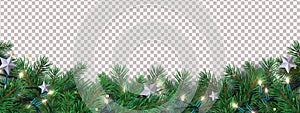 Christmas Long horizontal border with Christmas tree branches, garland, confetti isolated on transparent background