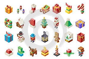 Christmas lowpoly polygonal new year isometric 3d isolated icons set flat cartoon design Vector Illustration