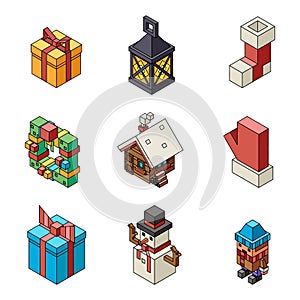 Christmas lowpoly polygonal outline new year isometric 3d isolated icons set flat cartoon design vector illustration