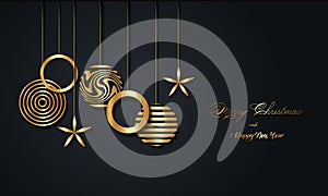 Christmas luxury holiday banner with gold handwritten Merry Christmas and Happy New Year greetings and gold colored Christmas ball