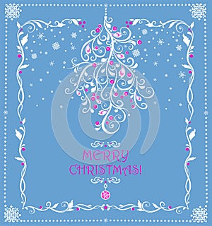 Christmas magic craft pastel blue greeting card with hanging decorative bunch of mistletoe with pink berries