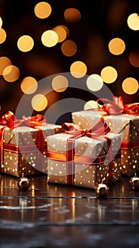 Christmas magic: Gift boxes, red bows, twinkle amidst bokeh lights\' celebration.