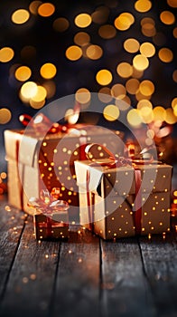 Christmas magic: Gift boxes, red bows, twinkle amidst bokeh lights\' celebration.