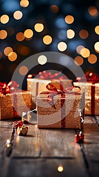 Christmas magic: Gift boxes, red bows, twinkle amidst bokeh lights\' celebration.