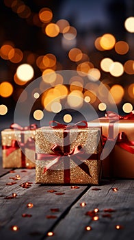 Christmas magic: Gift boxes, red bows, twinkle amidst bokeh lights\' celebration.