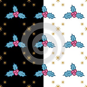 Christmas magic grid seamless pattern. Traditional omela plant, stars in blue, pink, yellow. White, black easy editable