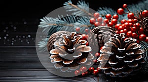 Christmas magic: red berries, pine, cone, snowflakes on wood surface. Festive background for design