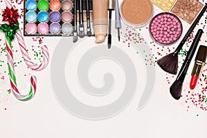 Christmas makeup cosmetics with copy space