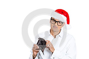 Christmas man with big black glasses financially broke