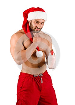 Christmas man posing on the camera isolated on a white background.