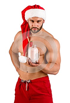 Christmas man posing on the camera isolated on a white background.