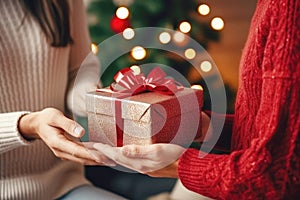 At Christmas, a man and a woman surprise each other with gifts against the backdrop of a Christmas tree