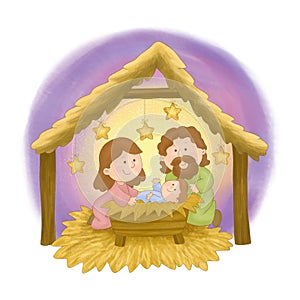 Christmas Manger scene with baby Jesus, Mary and Joseph