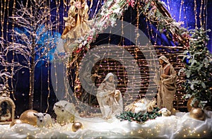 Christmas Manger scene with figures including Jesus, Mary, Joseph,