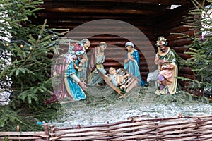 Christmas Manger scene with figures including Jesus, Mary, Joseph, sheep and magi