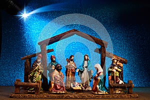 Christmas Manger scene with figurines including Jesus, Mary, Joseph