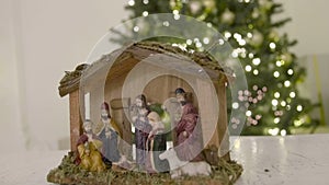 Christmas Manger scene with figurines including Jesus, Mary, Joseph, sheep and magi