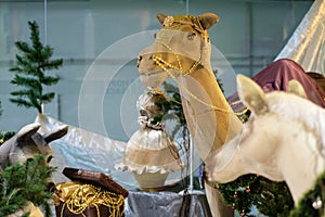 Christmas Manger scene with models including an empty manger, ca