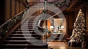 Christmas at the manor, grand entrance hall with staircase and Christmas tree, English countryside decoration and