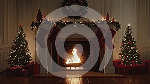 mantlepiece with christmas socks. ai generated