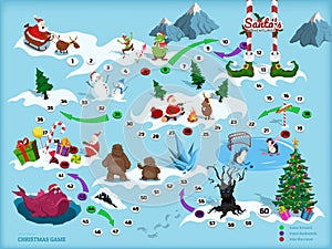 Christmas map with maze. Adventure board game for children. Boardgame in cartoon style. Santa, deer, bigfoot and elf