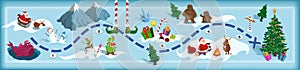 Christmas map with maze. Adventure board game for kids. Boardgame in cartoon style. Santa, deer, bigfoot and elf