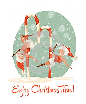 Funny women Santas dance on snowflakes background photo