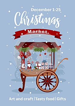 Christmas market banner. Decorated carts, fair stall counters. Bright little Christmas gnomes in caps, stars, lollipop