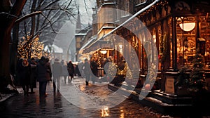 Christmas market. Bright illumination, houses, counters, gifts. New Year holiday. Decorated street, cityscape