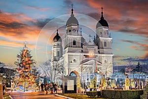 Christmas market in center of Iasi town at sunset, Romania