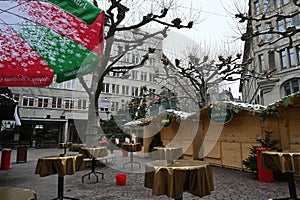 Christmas market in the city center in the morning.