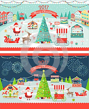 Christmas Market Day and Night Panoramic Vector