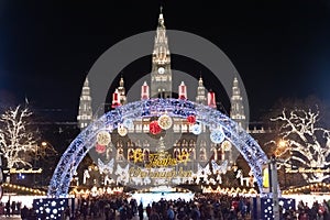 The Christmas market in front of the Rathaus City hall of Vienna, Austria