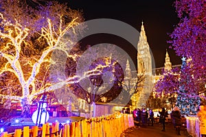 The Christmas market in front of the Rathaus City hall of Vienna, Austria