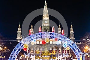 The Christmas market in front of the Rathaus City hall of Vienna, Austria