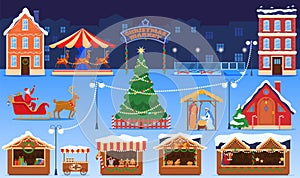 Christmas market, fun fair, active shopping, holiday sale, merchandise kiosk, snowy day, design cartoon style vector